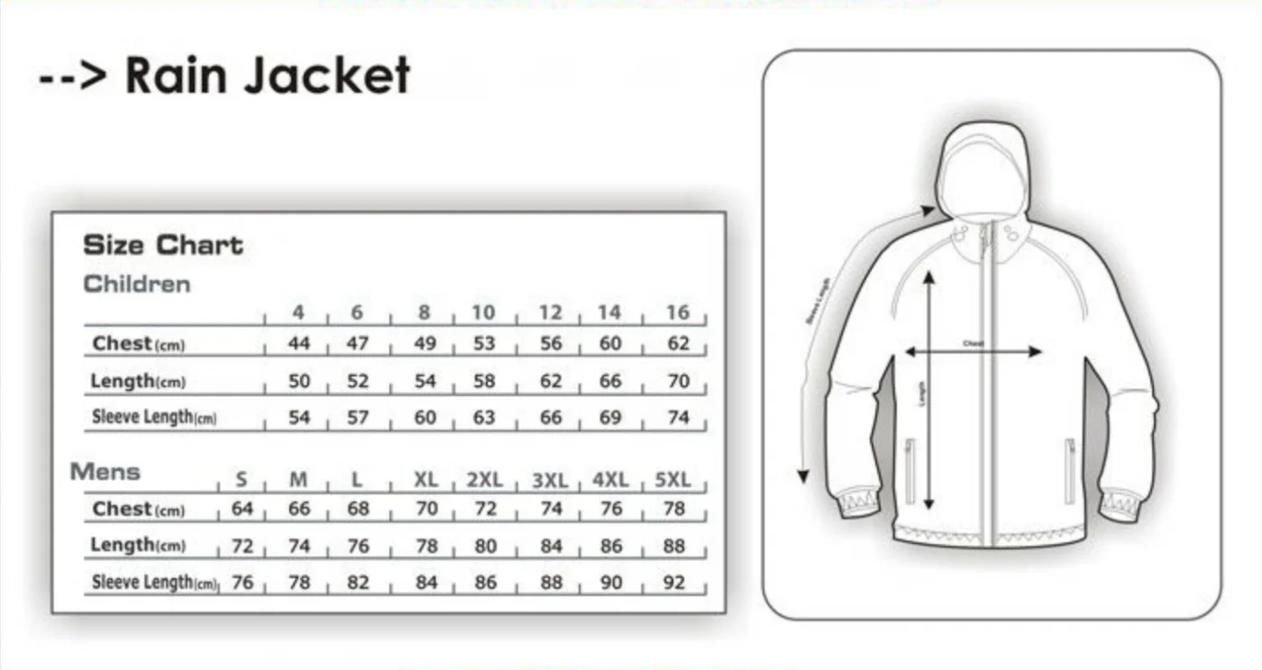 Rainy Jacket Sizes